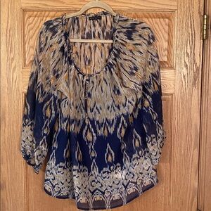 Willi Smith Blue and Gold Patterned Blouse with attached navy liner